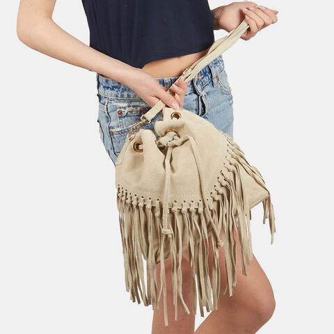 Bolso bucket para mujer en ante con flecos, Beige Bolso bucket para mujer en ante con flecos, Beige